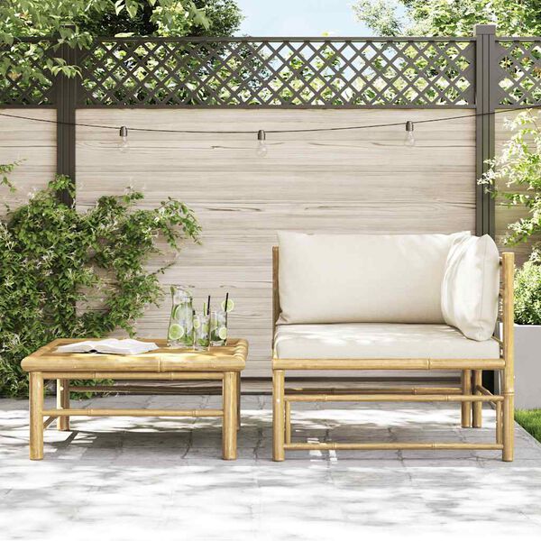 vidaXL 2 Piece Garden Lounge Set with Cream White Cushions Bamboo
