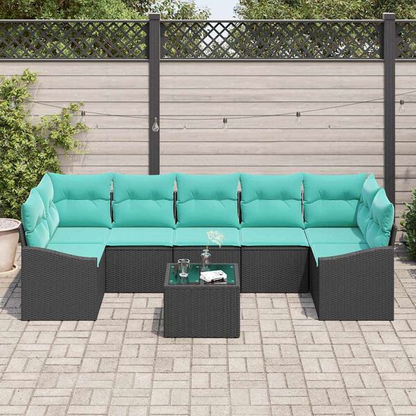 vidaXL Sofa Set with Cushion 8 pcs Black and Turquoise Poly Rattan
