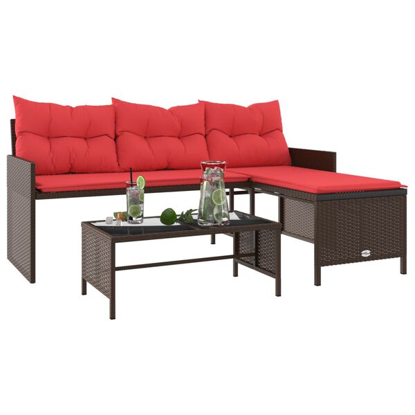 vidaXL Garden Sofa with Table and Cushions L-Shaped Brown Poly Rattan