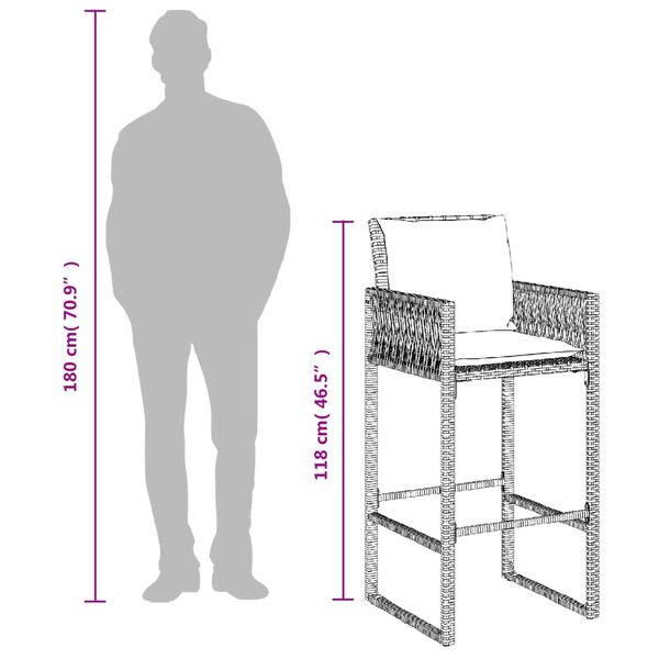 vidaXL Garden Bar Stools with Cushions 2 pcs Grey Poly Rattan