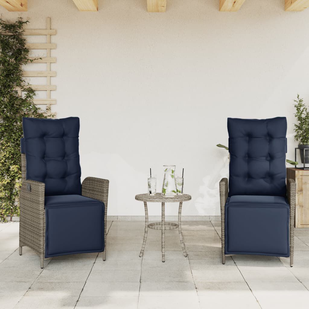 vidaXL 3 Piece Bistro Set with Cushions Grey Poly Rattan