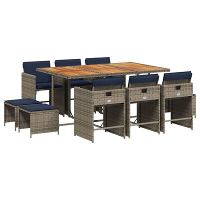 vidaXL 11 Piece Garden Dining Set with Cushions Grey Poly Rattan