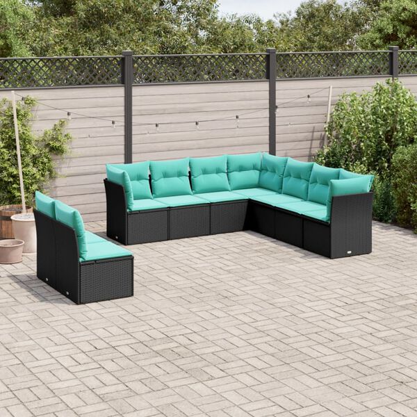 vidaXL 9 Piece Garden Sofa Set with Cushions Black Poly Rattan