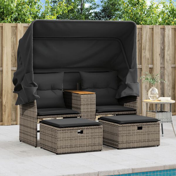 vidaXL Garden Sofa 2-Seater with Canopy and Stools Grey Poly Rattan