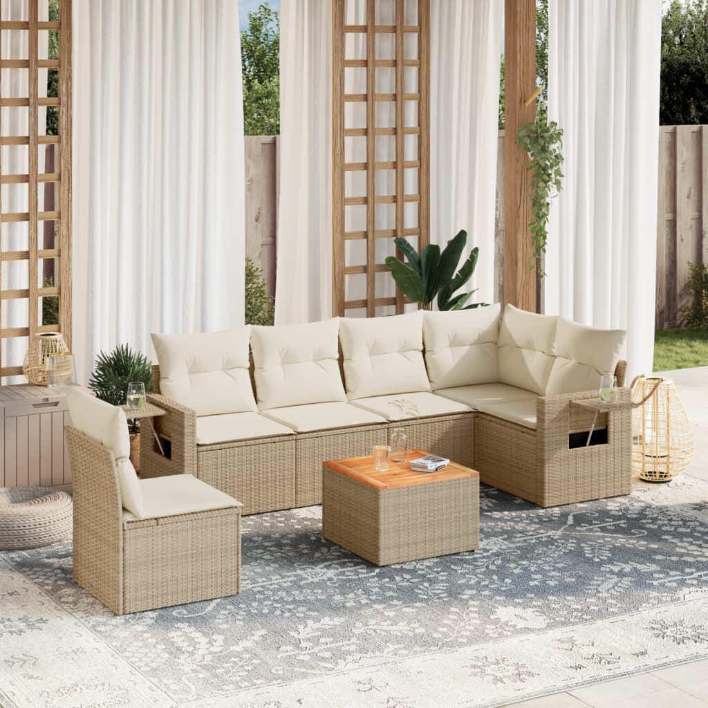 vidaXL 7 Piece Garden Sofa Set with Cushions Beige Poly Rattan