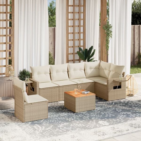 vidaXL 7 Piece Garden Sofa Set with Cushions Beige Poly Rattan