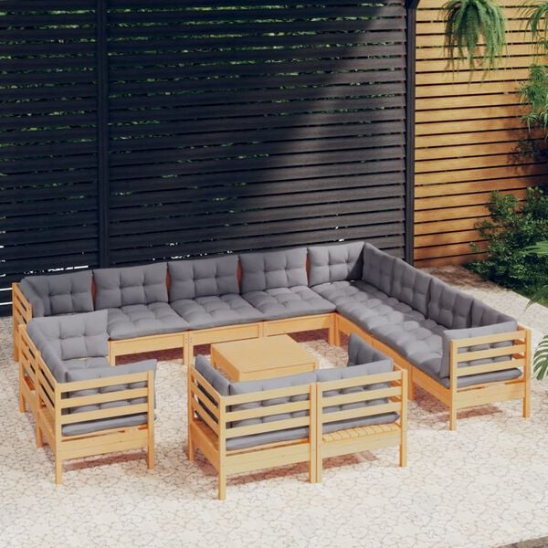 vidaXL 13 Piece Garden Lounge Set with Grey Cushions Solid Pinewood
