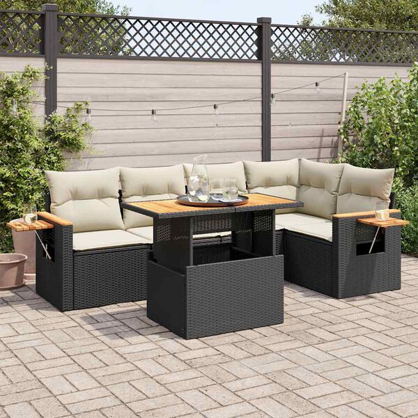 vidaXL 5 Piece Garden Sofa Set with Cushions Black Poly Rattan Acacia