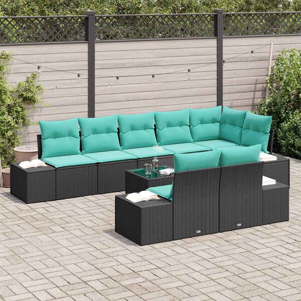 vidaXL Garden Sofa Set with Cushion 9 pcs Black Poly Rattan