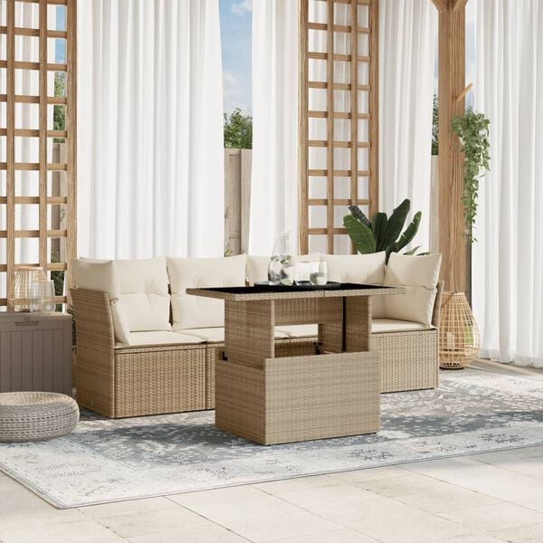 vidaXL 5 Piece Garden Sofa Set with Cushions Beige Poly Rattan