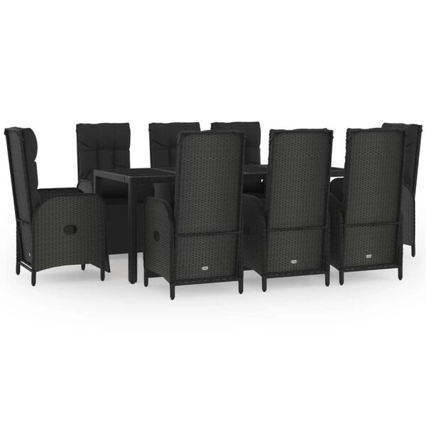vidaXL 9 Piece Garden Dining Set with Cushions Black Poly Rattan