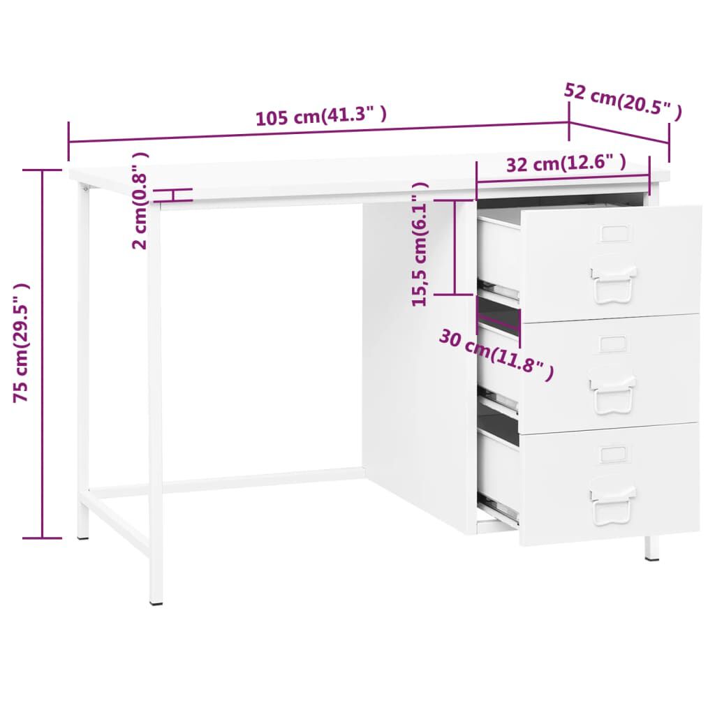 vidaXL Industrial Desk with Drawers White 105x52x75 cm Steel