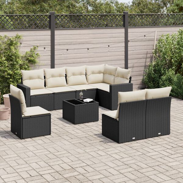vidaXL 9 Piece Garden Sofa Set with Cushions Black Poly Rattan