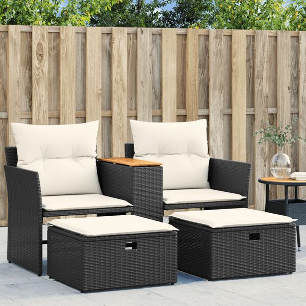 vidaXL Garden Sofa 2-Seater with Stools Black Poly Rattan