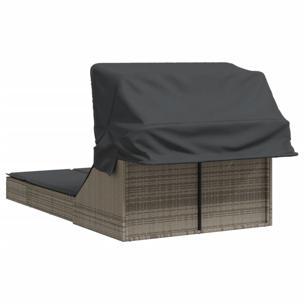 vidaXL Double Sun Lounger with Canopy and Cushions Grey Poly Rattan