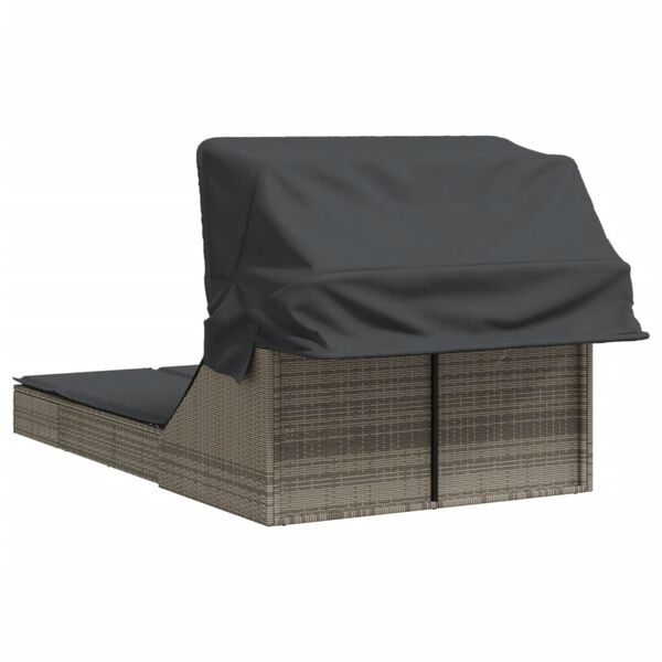 vidaXL Double Sun Lounger with Canopy and Cushions Grey Poly Rattan