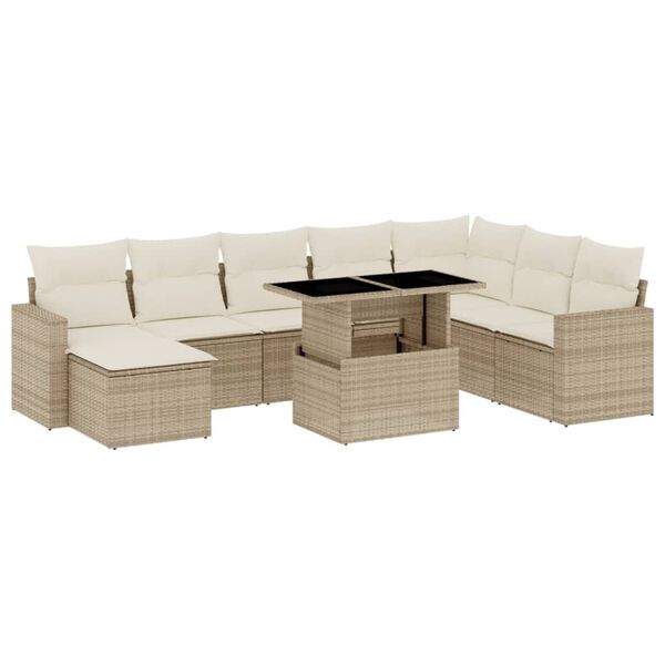 vidaXL 9 Piece Garden Sofa Set with Cushions Beige Poly Rattan