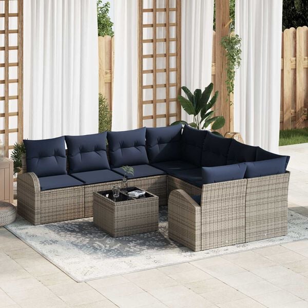 vidaXL 9 Piece Garden Sofa Set with Cushions Grey Poly Rattan