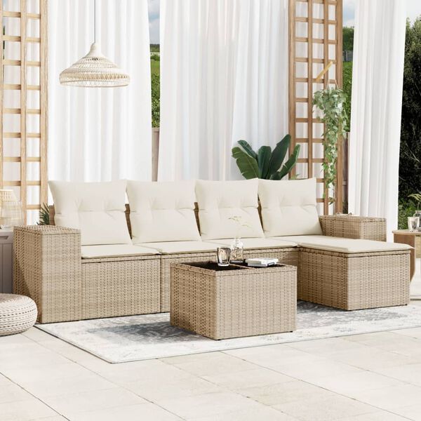 vidaXL 6 Piece Garden Sofa Set with Cushions Beige Poly Rattan