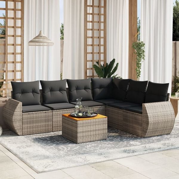 vidaXL 7 Piece Garden Sofa Set with Cushions Grey Poly Rattan