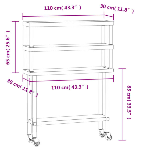 vidaXL Kitchen Work Table with Overshelf 110x30x150 cm Stainless Steel