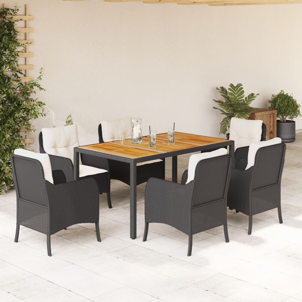 vidaXL 7 Piece Garden Dining Set with Cushions Black Poly Rattan