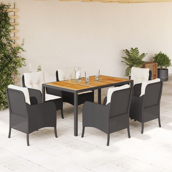 vidaXL 7 Piece Garden Dining Set with Cushions Black Poly Rattan