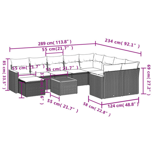 vidaXL 11 Piece Garden Sofa Set with Cushions Black Poly Rattan