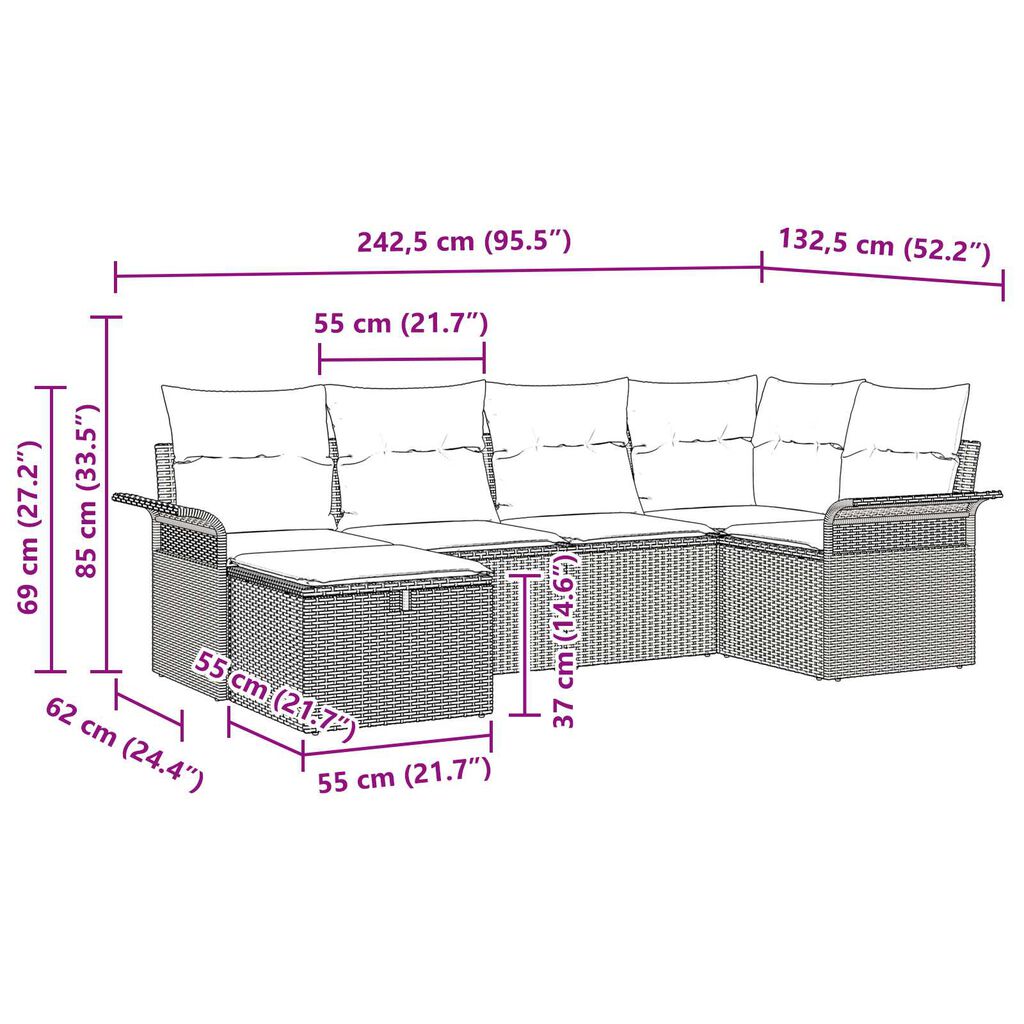vidaXL 6 Piece Garden Sofa Set with Cushions Grey Poly Rattan
