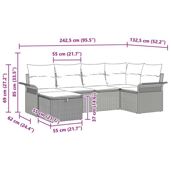 vidaXL 6 Piece Garden Sofa Set with Cushions Grey Poly Rattan