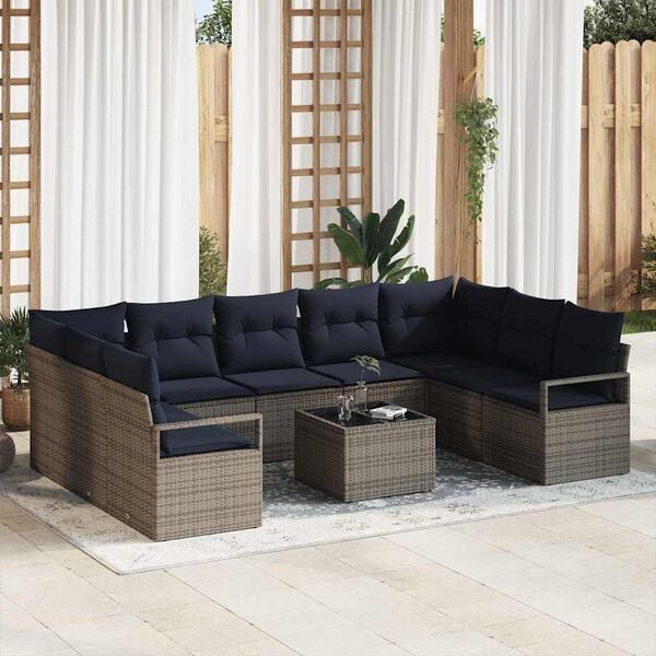 vidaXL Sofa Set with Cushion 10 pcs Grey Poly Rattan