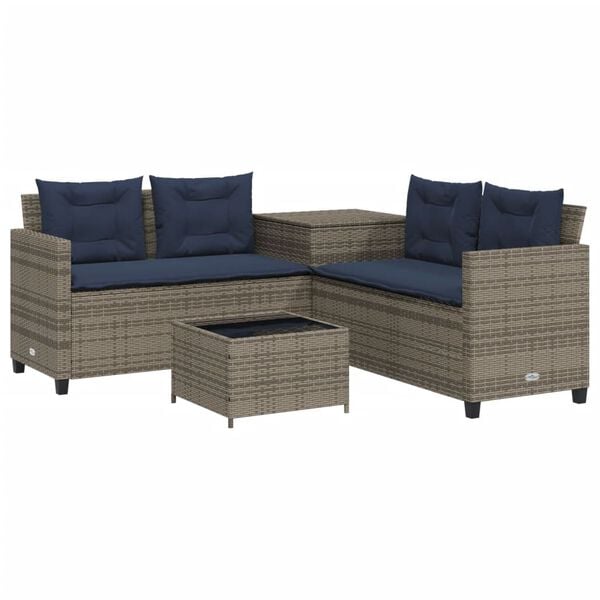 vidaXL Garden Sofa with Table and Cushions L-Shaped Grey Poly Rattan