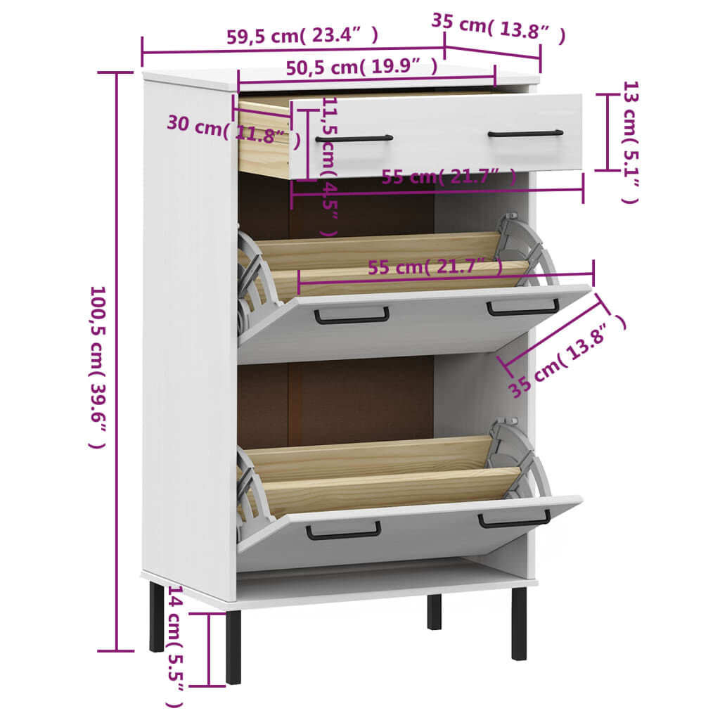 vidaXL Shoe Rack with Metal Legs White Solid Wood Pine OSLO