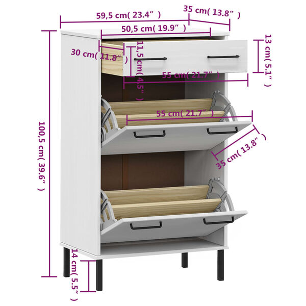 vidaXL Shoe Rack with Metal Legs White Solid Wood Pine OSLO
