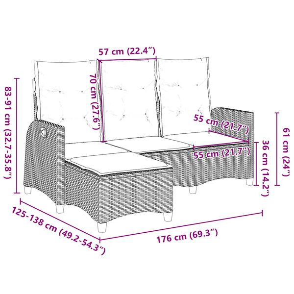 vidaXL Reclining Garden Sofa with Cushions L-shaped Brown Poly Rattan