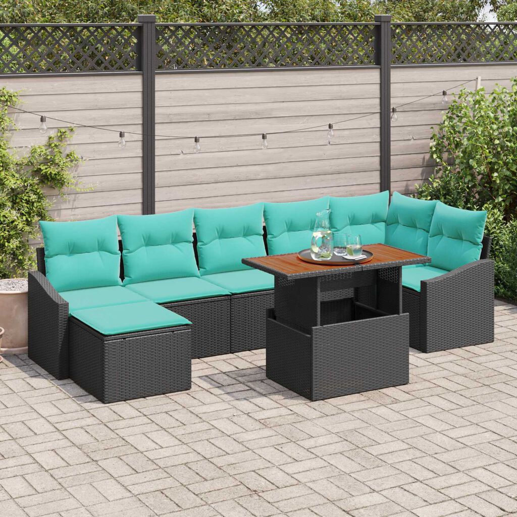 vidaXL 8 Piece Garden Sofa Set with Cushions Black Poly Rattan Acacia