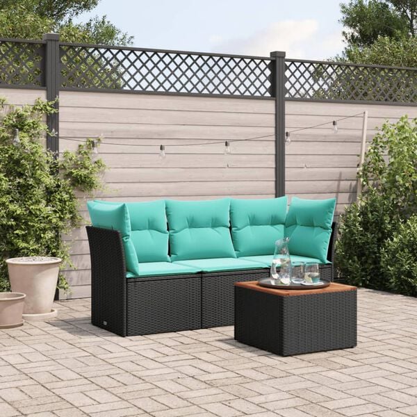 vidaXL 4 Piece Garden Sofa Set with Cushions Black Poly Rattan