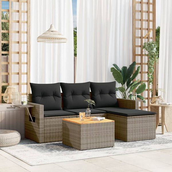 vidaXL 5 Piece Garden Sofa Set with Cushions Grey Poly Rattan