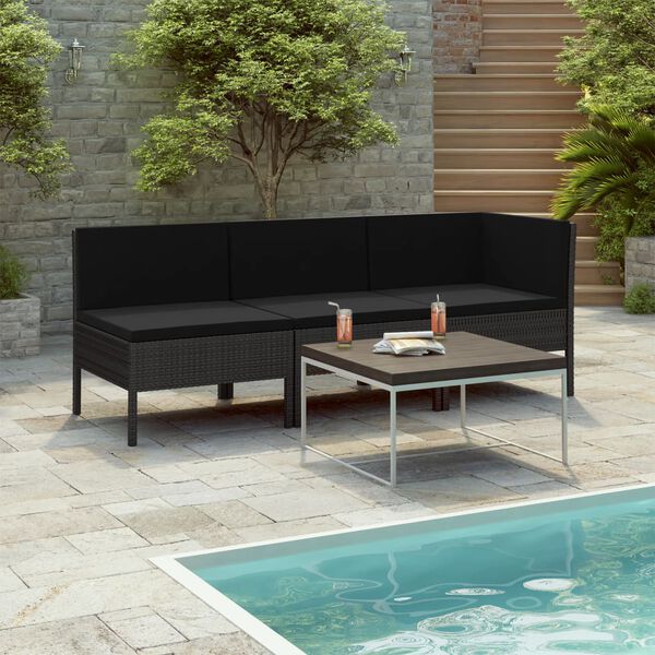 vidaXL 3 Piece Garden Lounge Set with Cushions Poly Rattan Black