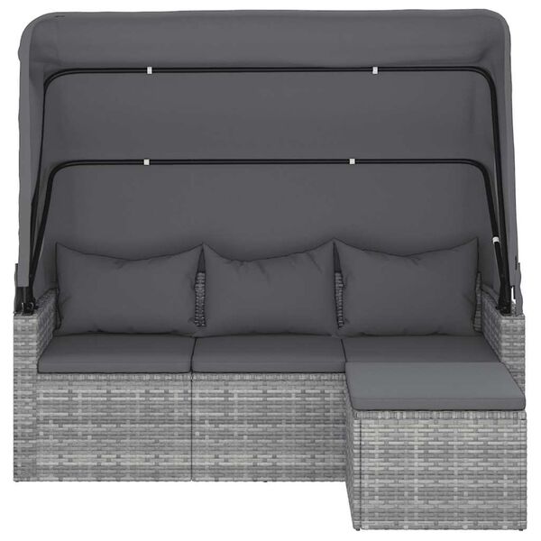 vidaXL 3-Seater Garden Sofa with Roof and Footstool Grey Poly Rattan