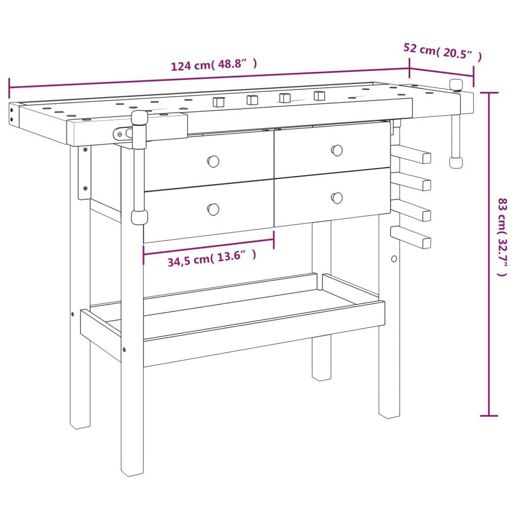 vidaXL Workbench with Drawers and Vices 124x52x83 cm Solid Wood Acacia