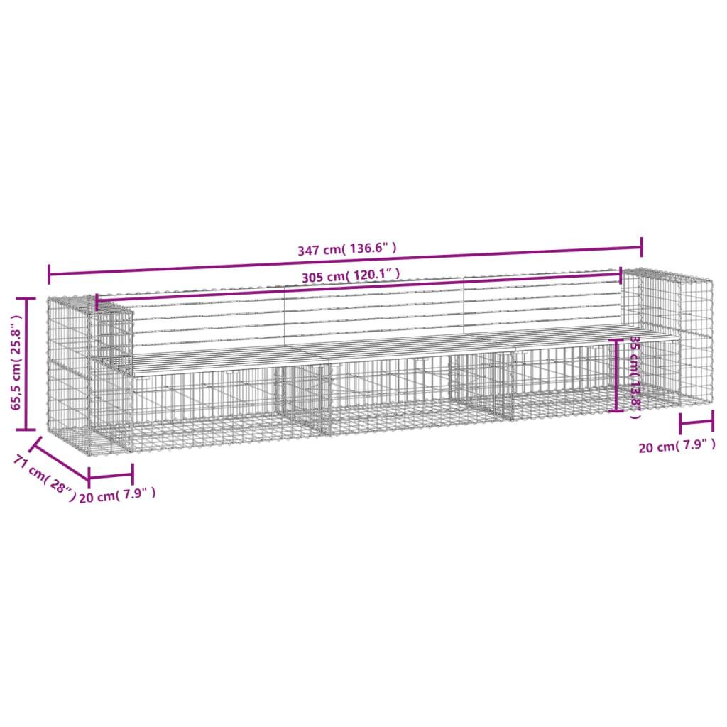 vidaXL Garden Bench Gabion Design 347x71x65.5 cm Solid Wood Pine