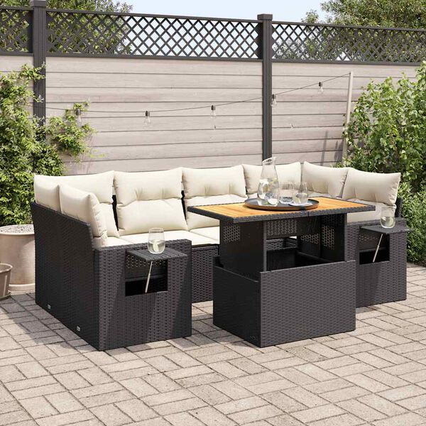 vidaXL 7 Piece Garden Sofa Set with Cushions Black Poly Rattan