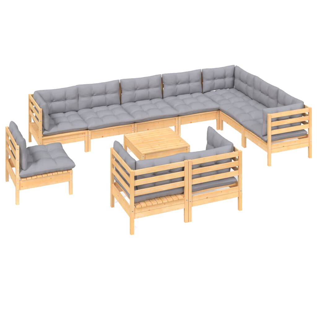 vidaXL 11 Piece Garden Lounge Set with Grey Cushions Solid Pinewood