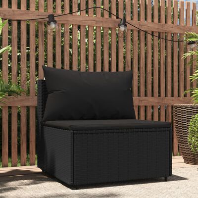 vidaXL Garden Middle Sofa with Cushions Black Poly Rattan