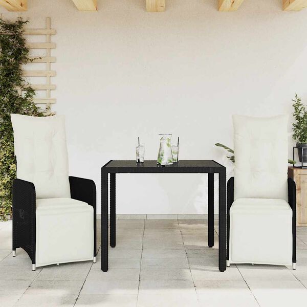 vidaXL 3 Piece Garden Bistro Set with Cushions Black Poly Rattan