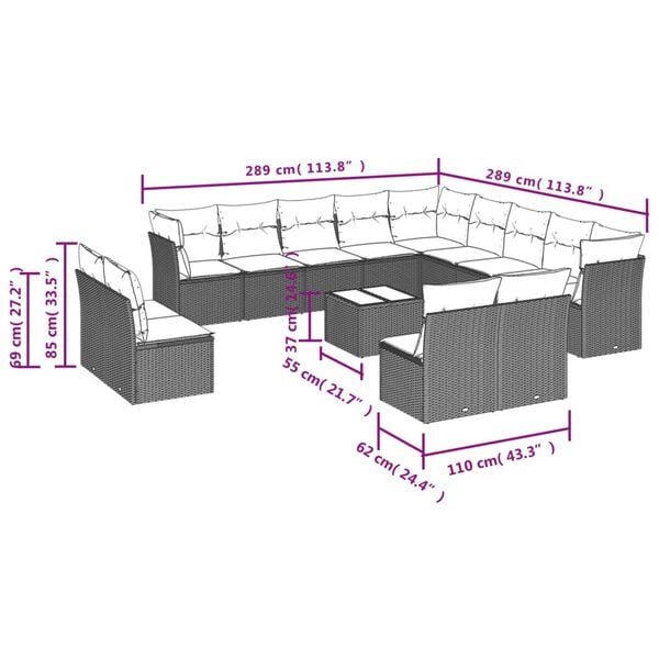 vidaXL 14 Piece Garden Sofa Set with Cushions Grey Poly Rattan