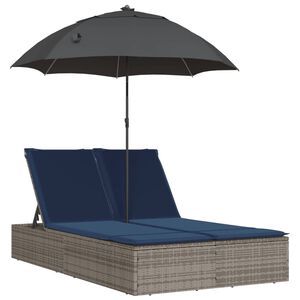 vidaXL Double Sun Lounger with Cushions&Parasol Grey Poly Rattan