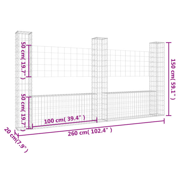 vidaXL U-shape Gabion Basket with 3 Posts Iron 260x20x150 cm