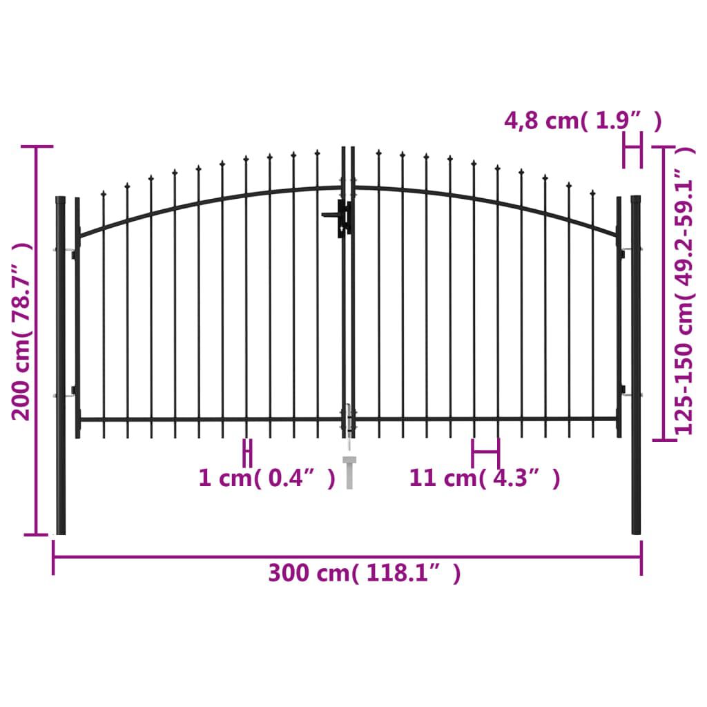 vidaXL Fence Gate Double Door with Spike Top Steel 3x1.5 m Black
